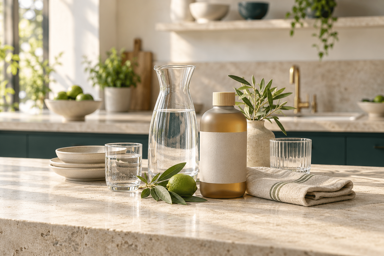 Huishoudelijke producten, servies en waterkaraffen in een lichte keuken