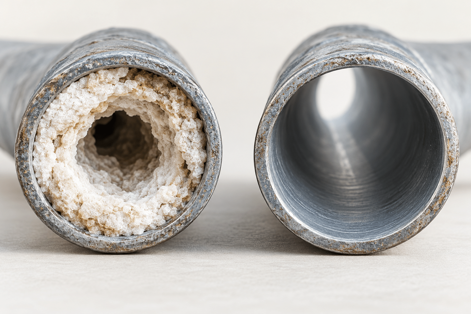 Doorsnede van twee waterleidingen: één met kalkaanslag en één schoon