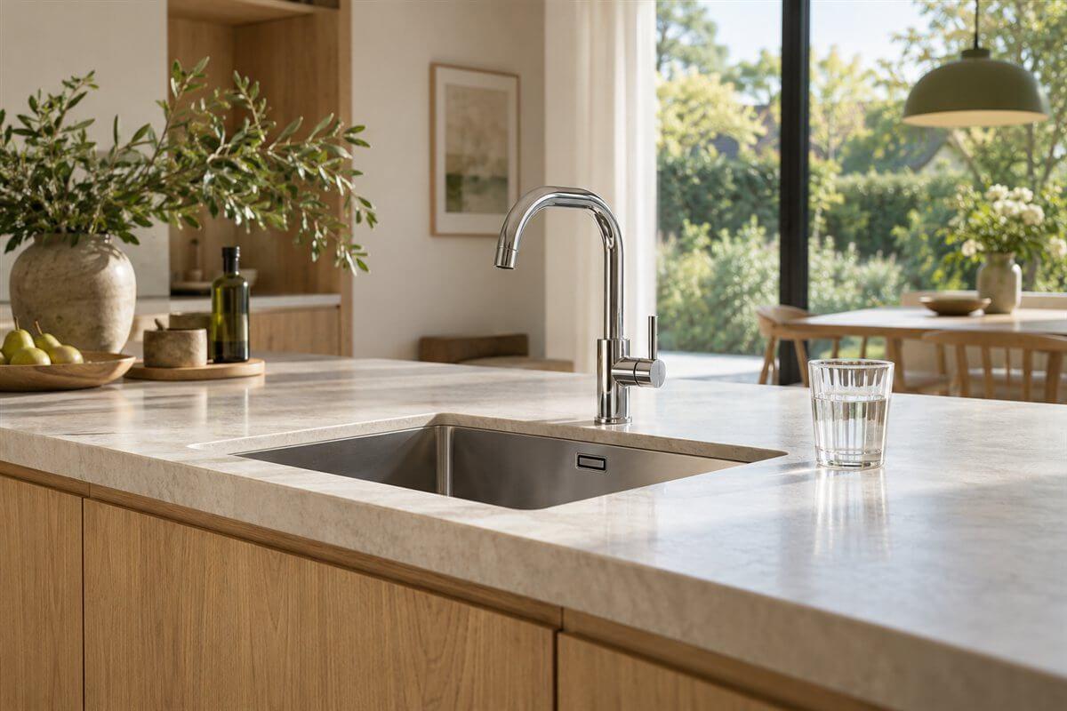 Keuken met spoelbak, kraan en glas water