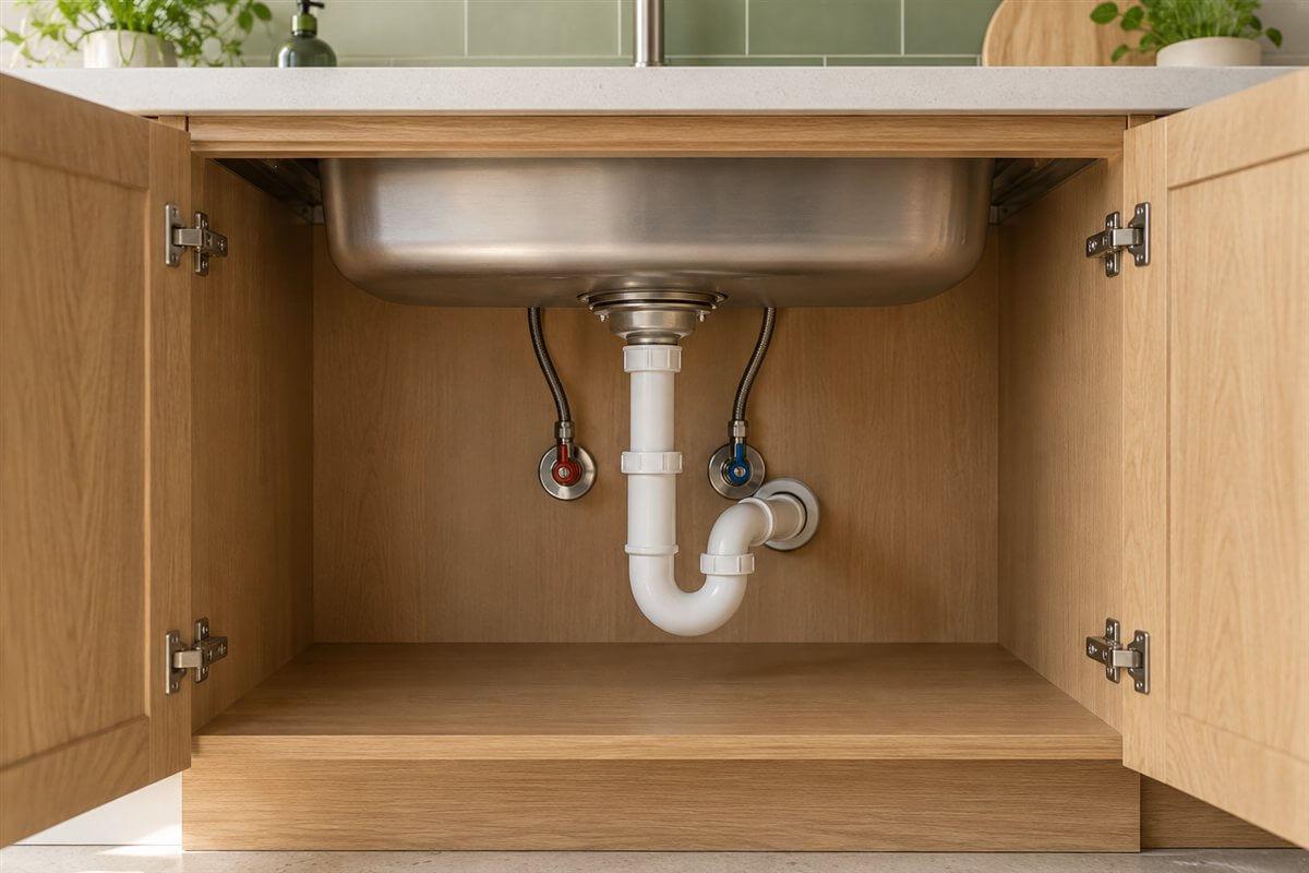 Geopende gootsteenkast met spoelbak en aansluitingen
