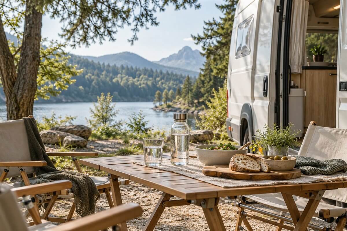 Camper met waterfles op een campingtafel